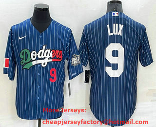 Men's Los Angeles Dodgers #9 Gavin Lux Number Navy Blue Pinstripe 2020 World Series Cool Base Nike Jersey