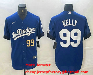 Men's Los Angeles Dodgers #99 Joe Kelly Number Blue 2021 City Connect Cool Base Stitched Jersey 01