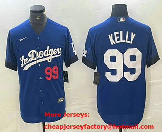 Men's Los Angeles Dodgers #99 Joe Kelly Number Blue 2021 City Connect Cool Base Stitched Jersey 03
