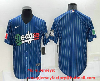 Men's Los Angeles Dodgers Blank Navy Blue Pinstripe Mexico 2020 World Series Cool Base Nike Jersey