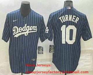 Men's Los Angeles Dodgers #10 Justin Turner Navy Blue Pinstripe Stitched MLB Cool Base Nike Jersey