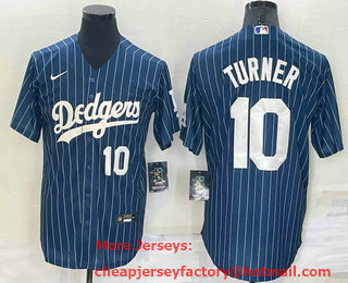 Men's Los Angeles Dodgers #10 Justin Turner Number Navy Blue Pinstripe Stitched MLB Cool Base Nike Jersey