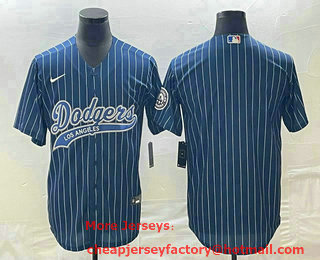Men's Los Angeles Dodgers Blue Pinstripe Blank With Patch Cool Base Stitched Baseball Jersey 03