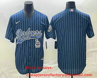 Men's Los Angeles Dodgers Blue Pinstripe Blank With Patch Cool Base Stitched Baseball Jersey 04