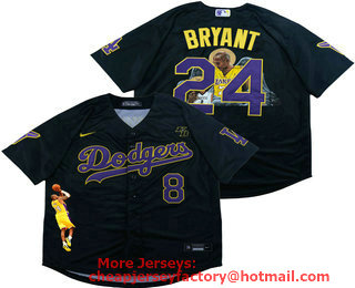 Men's Los Angeles Dodgers Front #8 Back #24 Kobe Bryant Black With KB Patch Cool Base Stitched MLB Fashion Jersey 01