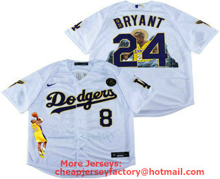 Men's Los Angeles Dodgers Front #8 Back #24 Kobe Bryant White With KB Patch Cool Base Stitched MLB Fashion Jersey 01