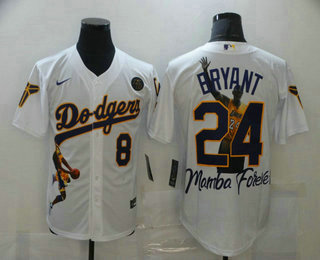 Men's Los Angeles Dodgers Front #8 Back #24 Kobe Bryant White With KB Patch Cool Base Stitched MLB Fashion Jersey