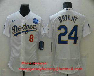 Men's Los Angeles Dodgers #8 #24 Kobe Bryant With KB Patch White Gold Champions Patch Stitched MLB Flex Base Nike Jersey