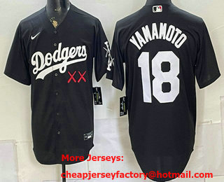 Men's Los Angeles Dodgers x KAWS #18 Yoshinobu Yamamoto Black Cool Base Jersey