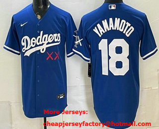Men's Los Angeles Dodgers x KAWS #18 Yoshinobu Yamamoto Blue Cool Base Jersey
