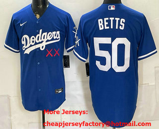 Men's Los Angeles Dodgers x KAWS #50 Mookie Betts Blue Cool Base Jersey