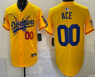 Men's Los Angeles Dodgers x One Piece #00 Ace Yellow Vapor Premier Limited Stitched Jersey