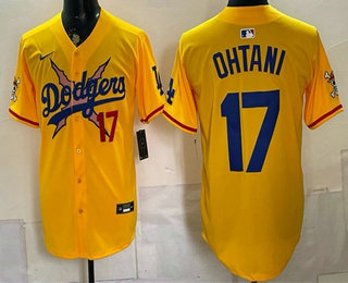 Men's Los Angeles Dodgers x One Piece #17 Shohei Ohtani Yellow Vapor Premier Limited Stitched Jersey