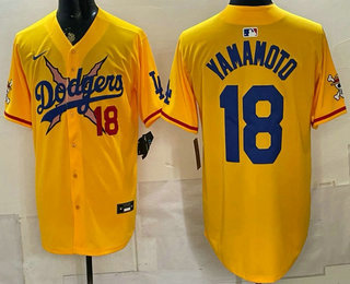 Men's Los Angeles Dodgers x One Piece #18 Yoshinobu Yamamoto Yellow Vapor Premier Limited Stitched Jersey