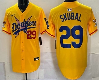 Men's Los Angeles Dodgers x One Piece #29 Tarik Skubal Yellow Vapor Premier Limited Stitched Jersey