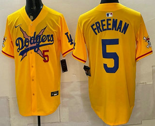 Men's Los Angeles Dodgers x One Piece #5 Freddie Freeman Yellow Vapor Premier Limited Stitched Jersey