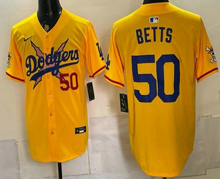Men's Los Angeles Dodgers x One Piece #50 Mookie Betts Yellow Vapor Premier Limited Stitched Jersey