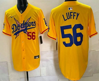 Men's Los Angeles Dodgers x One Piece #56 Luffy Yellow Vapor Premier Limited Stitched Jersey