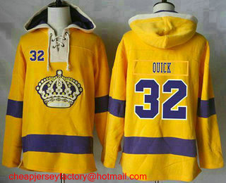 Men's Los Angeles Kings #32 Jonathan Quick Gold Sawyer Hooded Sweatshirt Stitched NHL Jersey