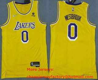 Men's Los Angeles Lakers #0 Russell Westbrook 75th Anniversary Diamond Gold 2021 Stitched Jersey With NEW Sponsor Logo