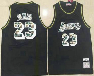 Men's Los Angeles Lakers #23 LeBron James Black With Camo Number Hardwood Classics Soul Swingman Throwback Jersey