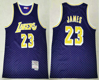 Men's Los Angeles Lakers #23 LeBron James Checkerboard Purple Hardwood Classics Soul Swingman Throwback Jersey