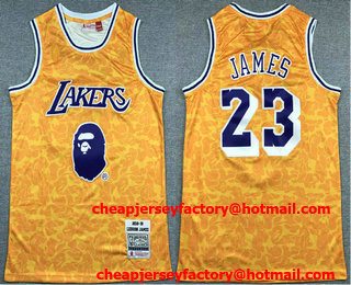 Men's Los Angeles Lakers #23 LeBron James Mitchell & Ness x BAPE Yellow Swingman Jersey