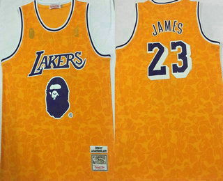Men's Los Angeles Lakers #23 LeBron James Mitchell & Ness x BAPE Yellow 1996-97 Hardwood Classics Jersey