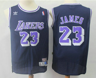 Men's Los Angeles Lakers #23 LeBron James Navy Blue With Purple Swingman Stitched NBA Throwback Jersey