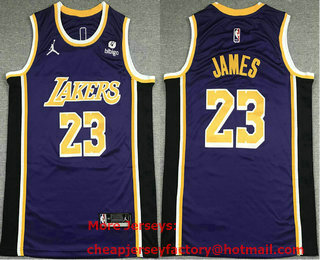 Men's Los Angeles Lakers #23 LeBron James Purple 2022 Jordan Swingman Stitched Jersey With NEW Sponsor Logo