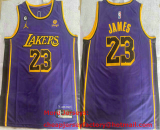 Men's Los Angeles Lakers #23 LeBron James Purple Jordan 6 Patch 2021 Stitched Jersey With Sponsor