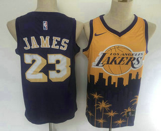 Men's Los Angeles Lakers #23 LeBron James Purple with Yellow Salute Nike Swingman Stitched NBA Jersey