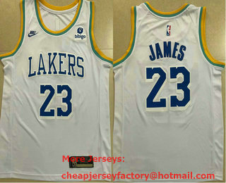 Men's Los Angeles Lakers #23 LeBron James White 2022 Nike Swingman Throwback Stitched Jersey With Sponsor