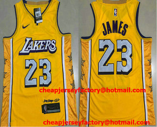 Men's Los Angeles Lakers #23 LeBron James Yellow 2020 Nike City Edition AU ALL Stitched Jersey