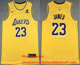 Men's Los Angeles Lakers #23 LeBron James Yellow 2022 Nike Swingman Stitched Jersey With NEW Sponsor Logo