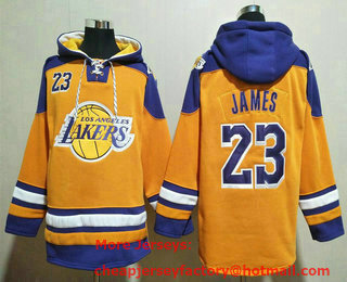Men's Los Angeles Lakers #23 LeBron James Yellow Ageless Must Have Lace Up Pullover Hoodie