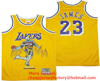 Men's Los Angeles Lakers #23 LeBron James Yellow Champions Hardwood Classics Skull Edition Jersey