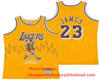 Men's Los Angeles Lakers #23 LeBron James Yellow Hardwood Classics Skull Edition Jersey