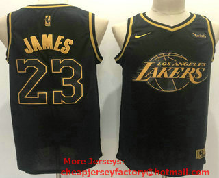 Men's Los Angeles Lakers #23 Lebron James Black Golden Edition Nike Swingman Jersey With The Sponsor Logo