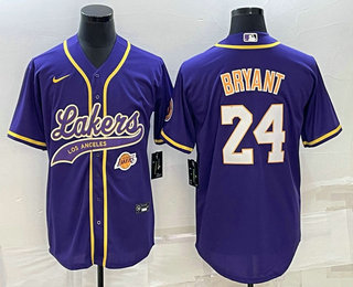 Men's Los Angeles Lakers #24 Kobe Bryant  Purple With Patch Cool Base Stitched Baseball Jersey 01