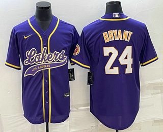 Men's Los Angeles Lakers #24 Kobe Bryant  Purple With Patch Cool Base Stitched Baseball Jersey 02