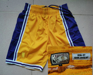 Men's Los Angeles Lakers #24 Kobe Bryant 1996-97 Yellow Hardwood Classics Soul Swingman Throwback Shorts