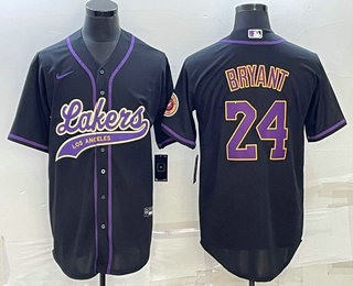 Men's Los Angeles Lakers #24 Kobe Bryant Black With Patch Cool Base Stitched Baseball Jersey 02