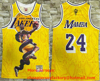Men's Los Angeles Lakers #24 Kobe Bryant Mamba Yellow Floral Laser Printing Throwback Jersey