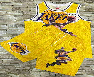 Men's Los Angeles Lakers #24 Kobe Bryant Mamba Yellow Floral Laser Printing Throwback Jersey With Shorts