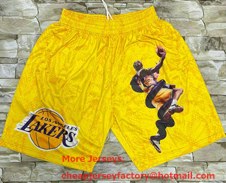 Men's Los Angeles Lakers #24 Kobe Bryant Mamba Yellow Floral Laser Printing Throwback Shorts