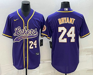 Men's Los Angeles Lakers #24 Kobe Bryant Number Purple With Patch Cool Base Stitched Baseball Jersey 01