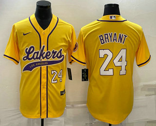 Men's Los Angeles Lakers #24 Kobe Bryant Number Yellow With Patch Cool Base Stitched Baseball Jersey 01