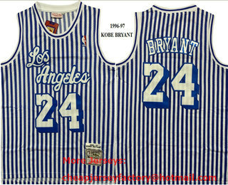 Men's Los Angeles Lakers #24 Kobe Bryant White Blue Pinstripe 1996-97 Hardwood Classics Swingman Throwback Jersey
