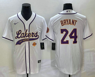 Men's Los Angeles Lakers #24 Kobe Bryant White Cool Base Stitched Baseball Jersey 02